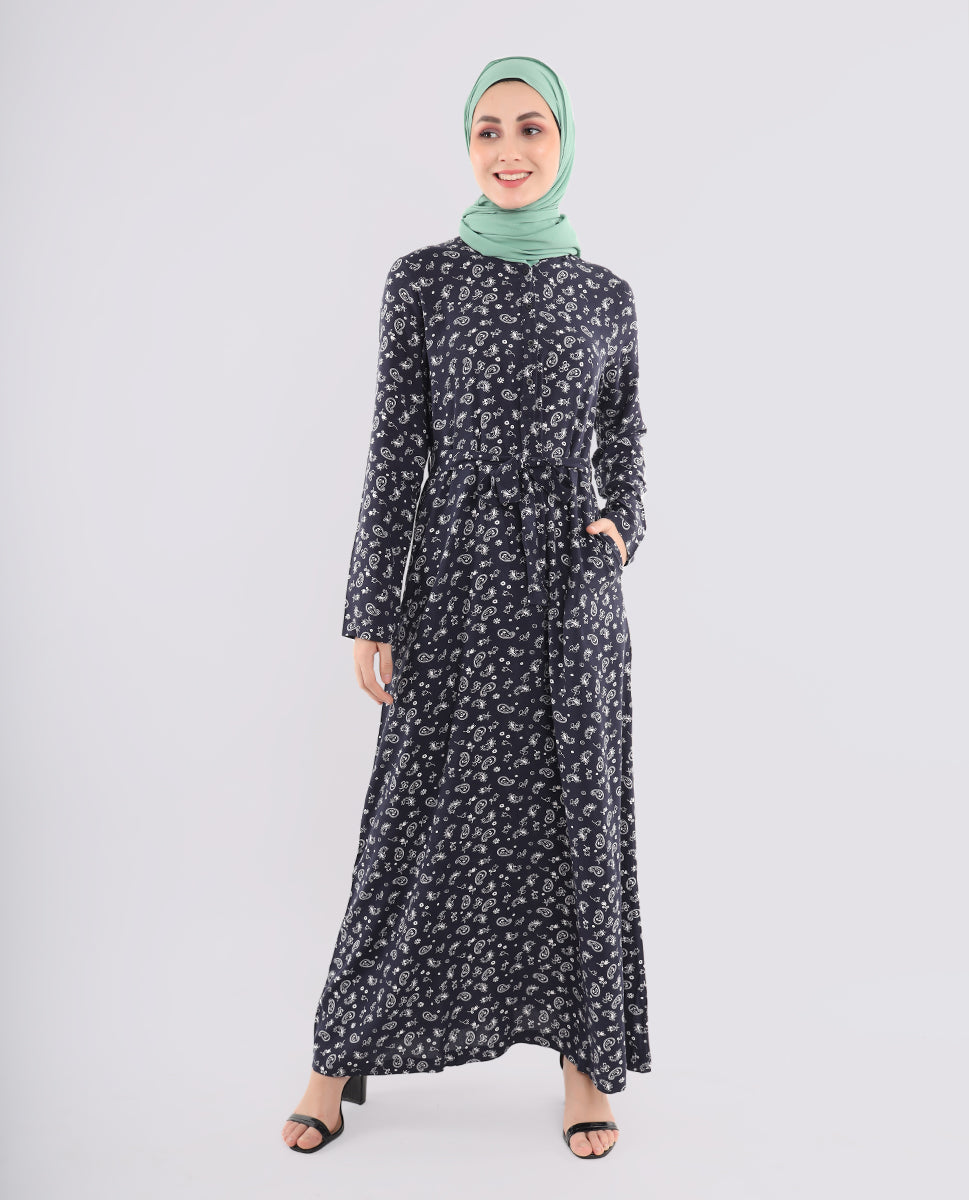 Silk Route Blue Paisley Printed Abaya Large