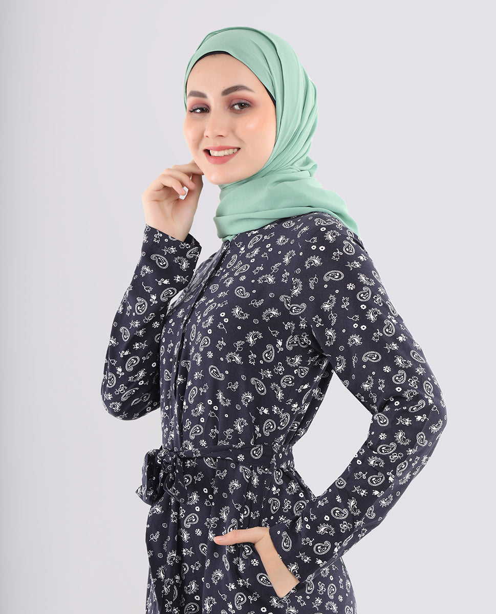 Silk Route Blue Paisley Printed Abaya Large