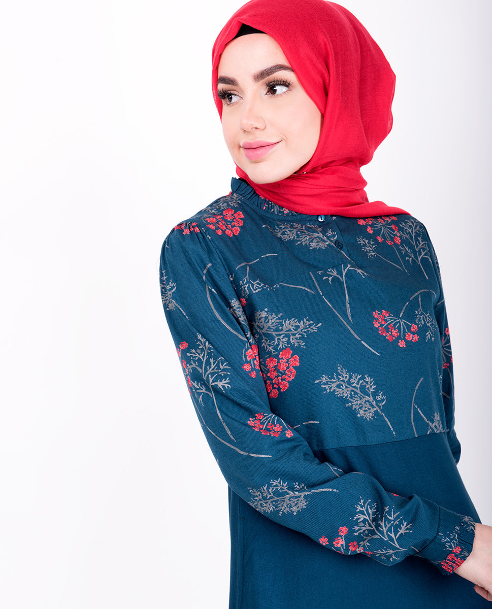 Navy Floral Print Abaya Jilbab